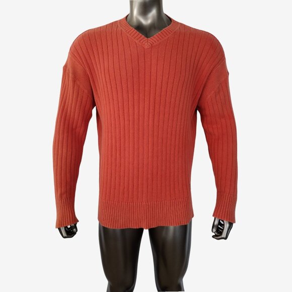 Vintage Y2K Guess Jeans Men's Orange Ribbed Knit V Neck Sweater Size XXL - Picture 1 of 12